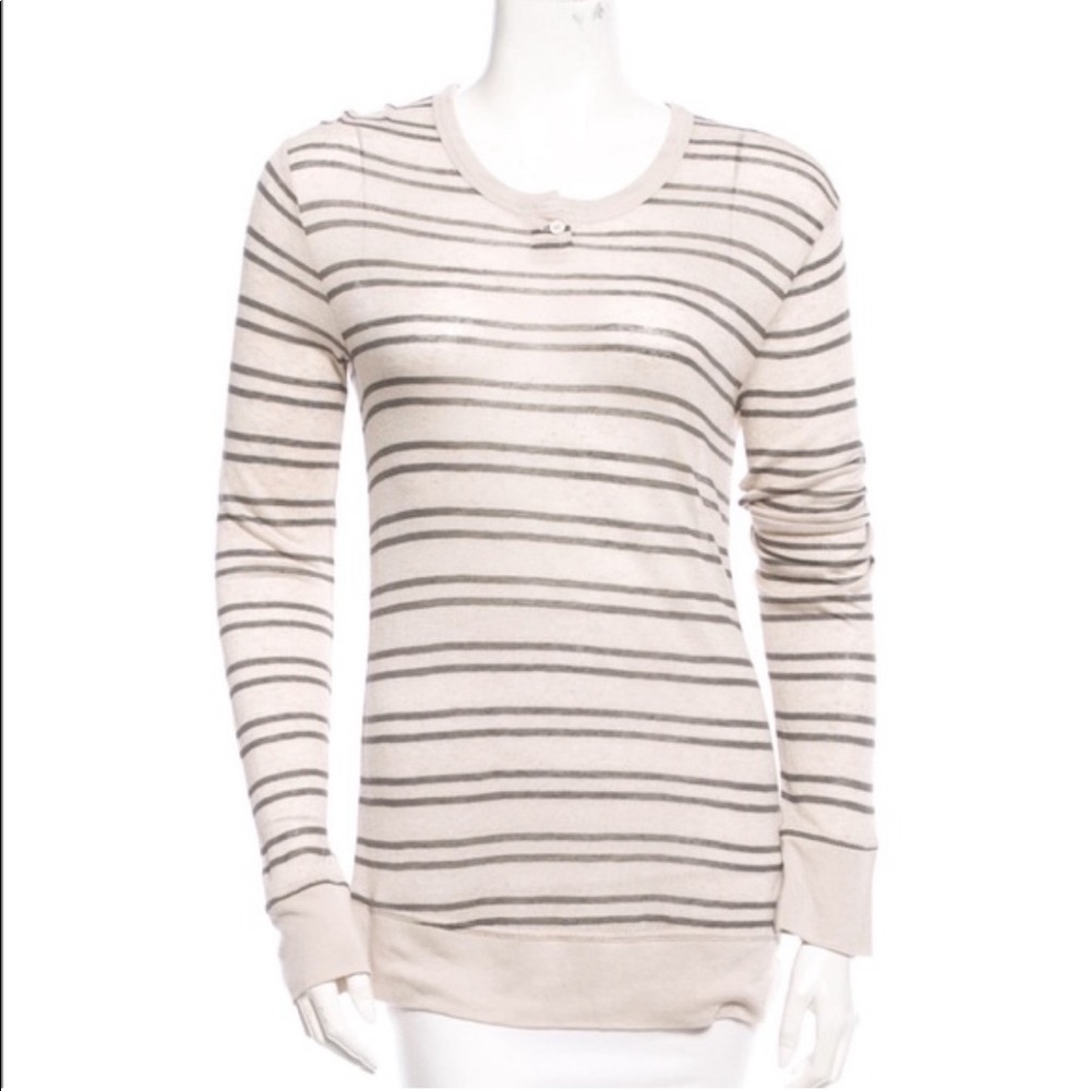 T by Alexander Wang Beige Striped Linen Rayon Knit Long Sleeve Top